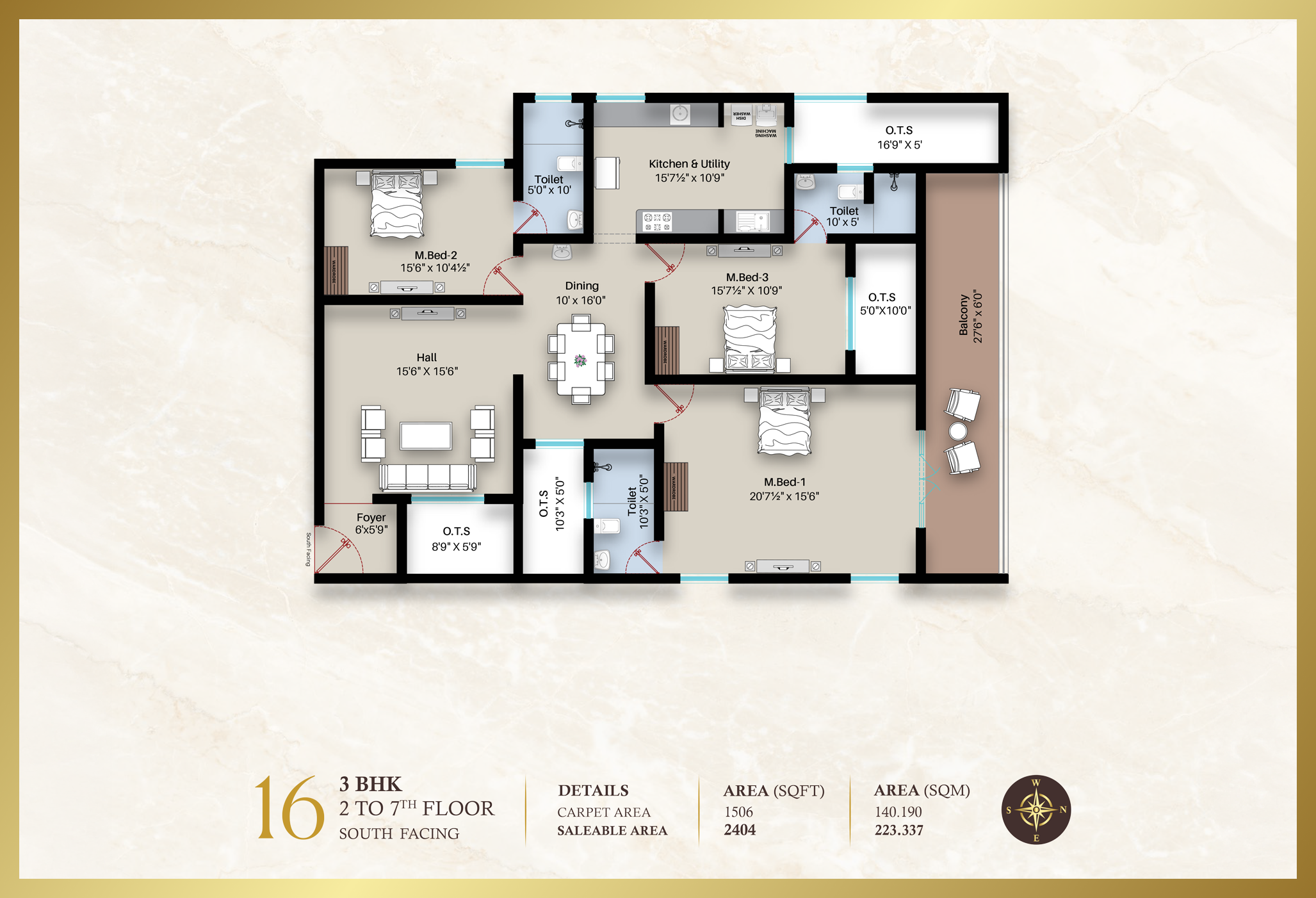 Diora Apartment 3BHK East facing floor plan 1801 sq-ft
